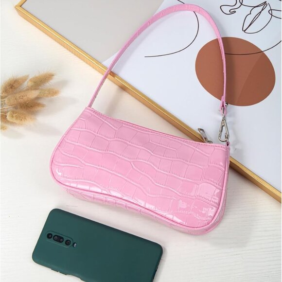 Pink Crocodile Print Zipper Closure Casual Women's Shoulder Bag with Top Handle, - Picture 3 of 5